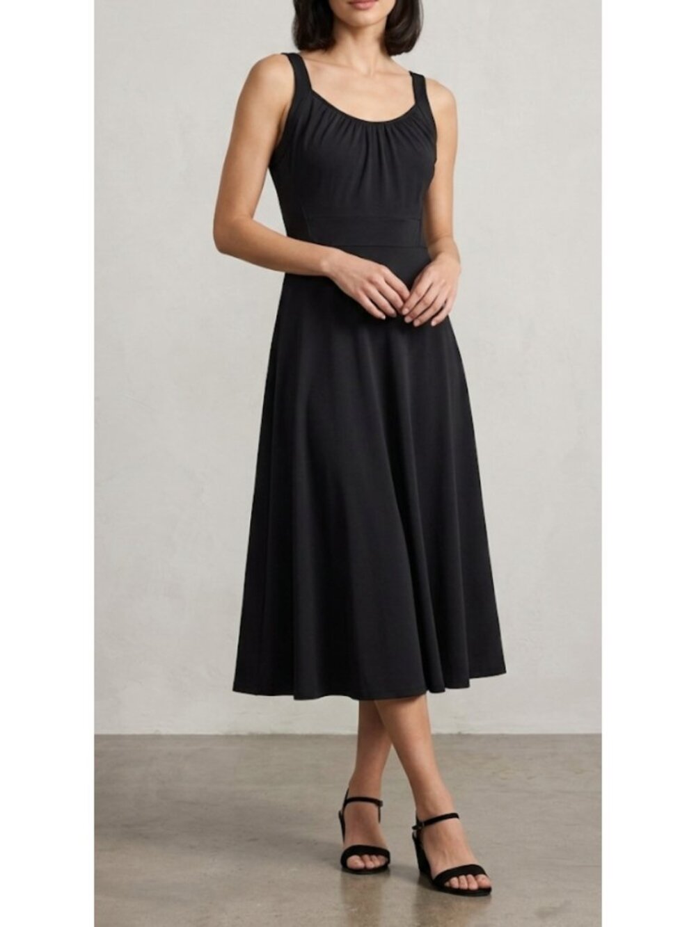 Karina Black Angela Dress Pleated Scoop Neck Fit and Flare Midi Size S/M NWT